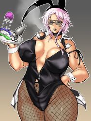 Rule 34 | anal beads, breasts, butt plug, condom, condom packet strip, condom wrapper, fishnets, highres, huge breasts, kun in&#039;ye, mature female, pink hair, rabbit ears, sex toy, short hair, smoke, smoking, sunglasses, super robot wars, super robot wars x-omega, thick thighs, thighs