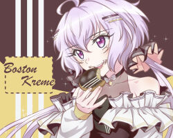 Rule 34 | 1girl, ahoge, axia-chan, bare shoulders, bell, black choker, choker, dress, eating, english text, food, food on face, grey hair, hair ornament, hairclip, highres, holding, holding food, long hair, long sleeves, neck bell, open mouth, purple eyes, senki zesshou symphogear, teeth, twintails, upper teeth only, yukine chris