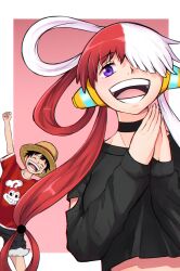 Rule 34 | 1boy, 1girl, absurdres, choker, hair over one eye, happy, hat, headphones, highres, jollibee, kuronami616, long sleeves, looking at viewer, monkey d. luffy, one piece, one piece film: red, open mouth, purple eyes, shorts, simple background, straw hat, uta (one piece)