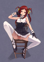 Rule 34 | 1girl, bare shoulders, brown eyes, character request, cuff links, gloves, high heels, long hair, looking at viewer, maeda risou, mouth hold, panties, red hair, ribbon, shoes, sitting, skirt, solo, spread legs, striped clothes, striped panties, thighhighs, twintails, underwear, upskirt