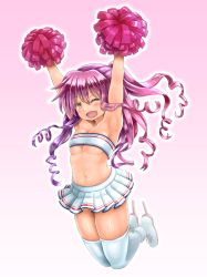 Rule 34 | 1girl, ;d, alternate breast size, armpits, arms up, azur lane, bad id, bad pixiv id, blush, breasts, cheerleader, cleavage cutout, clothing cutout, collarbone, craven (azur lane), curly hair, jumping, long hair, looking at viewer, navel, one eye closed, open mouth, pom pom (cheerleading), purple hair, simple background, smile, solo, takahashi rodemu, thighhighs, white thighhighs, yellow eyes