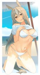 Rule 34 | 1girl, absurdres, animal ears, arm at side, ashinowoto, barefoot, beach, beach towel, beach umbrella, bikini, blush, breasts, brown hair, cleavage, clothes lift, cloud, contrail, day, full body, head tilt, highres, horizon, horse ears, horse girl, horse tail, kneeling, lifting own clothes, long hair, looking at viewer, medium breasts, navel, open mouth, outdoors, satono diamond (umamusume), shade, shirt, shirt lift, short sleeves, solo, swimsuit, tail, toes, towel, umamusume, umbrella, very long hair, white bikini, white shirt, yellow eyes