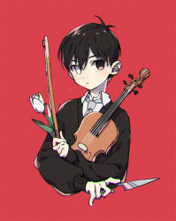 Rule 34 | 1boy, :|, antenna hair, black eyes, black hair, black sweater, closed mouth, collared shirt, commentary request, cropped torso, dot nose, expressionless, flower, grey necktie, heterochromia, highres, holding, holding flower, holding instrument, holding knife, instrument, knife, long sleeves, looking at viewer, male focus, necktie, omori, red background, shirt, short hair, simple background, solo, sunny (omori), sweater, toastytoast, tulip, upper body, violin, white eyes, white flower, white shirt, white tulip