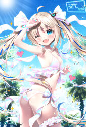 Rule 34 | 1girl, ;d, ahoge, arm up, ass, bare shoulders, bikini, blonde hair, blue eyes, blue hair, blush, breasts, butt crack, cat hair ornament, commentary request, fang, from side, glitch, hair ornament, heart, highres, indie virtual youtuber, long hair, looking at viewer, looking to the side, multicolored hair, one eye closed, open mouth, palm tree, pink bikini, pixelated, small breasts, smile, solo, sparkle, standing, swimsuit, tree, twintails, two-tone hair, uchuuneko, uchuuneko (vtuber), very long hair, virtual youtuber