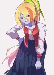 Rule 34 | 10s, absurdres, blonde hair, blue skin, colored skin, eyes visible through hair, gar32, hair over one eye, highres, jacket, letterman jacket, long hair, looking at viewer, multicolored hair, nikaidou saki, open mouth, pleated skirt, ponytail, red eyes, scar, scar on face, skirt, solo, streaked hair, zombie, zombie land saga