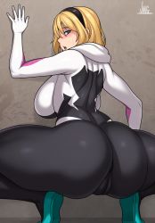 Rule 34 | 1girl, absurdres, animification, ass, back, blonde hair, bodysuit, breasts, cameltoe, cleft of venus, costume, gwen stacy, highres, huge ass, huge breasts, jmg, large breasts, looking back, marvel, mixed-language commentary, short hair, skin tight, solo, spider-gwen, spider-man (series), spread legs, squatting, superhero costume, thick thighs, thighs, tight clothes