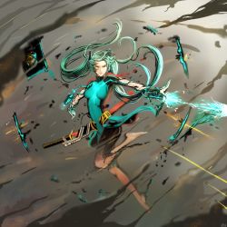 Rule 34 | 1girl, absurdly long hair, absurdres, bare legs, barefoot, bodysuit, fighting, full body, hachijuu, hair ornament, hairclip, hatsune miku, highres, katana, long hair, painting (medium), science fiction, solo, sword, traditional media, twintails, very long hair, vocaloid, watercolor (medium), weapon
