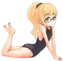 Rule 34 | 1girl, alternate hairstyle, black-framed eyewear, black one-piece swimsuit, blonde hair, glasses, long hair, lying, mune, on stomach, one-piece swimsuit, perrine h. clostermann, ponytail, semi-rimless eyewear, simple background, smile, solo, strike witches, swimsuit, under-rim eyewear, white background, world witches series, yellow eyes