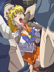 Rule 34 | 1girl, 3boys, aino minako, bishoujo senshi sailor moon, blonde hair, blush, bow, breasts, censored, closed eyes, clothed sex, collar, collarbone, cum, cum in mouth, cum on body, cum on clothes, cum on hair, cum on upper body, dress, earrings, fellatio, gloved handjob, gloves, group sex, hair bow, hair ribbon, handjob, heart, highres, holding, holding head, hypnosis, jewelry, kneeling, leash, leash pull, leotard, leotard under clothes, long glove, long hair, medium breasts, mind control, mosaic censoring, multiple boys, no socks, open mouth, oral, penis grab, public indecency, public nudity, public use, rape, ribbon, sailor collar, sailor dress, sailor venus, shirt, tarekatsu, teeth, tiara, tongue, tongue out, torn clothes, torn leotard, torn shirt, upper teeth only