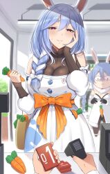 Rule 34 | 1other, 2girls,  ear fluff, absurdres, animal ears, apron, bag, black bodysuit, black gloves, black leotard, blue hair, blush, bodysuit, bow, braid, breasts, bright pupils, buyi, buying condoms, carrot, cleavage, commentary, condom box, don-chan (usada pekora), dress, food, fur-trimmed dress, fur trim, gloves, hair between eyes, hair bow, half-closed eyes, hand on own cheek, hand on own face, highres, holding, holding food, hololive, indoors, large breasts, leotard, long hair, long sleeves, looking at viewer, mature female, micchan (micchanmeido), mother and daughter, multicolored hair, multiple girls, parted lips, pekomama, pov, pov hands, rabbit ears, red eyes, see-through, see-through cleavage, shaded face, thick eyebrows, two-tone hair, usada pekora, usada pekora (1st costume), virtual youtuber, white apron, white bow, white dress, white hair, white pupils