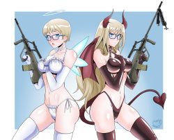 Rule 34 | 2girls, arm between breasts, assault rifle, between breasts, black gloves, blue-framed eyewear, blue background, blue eyes, blush, border, breasts, bullpup, demon horns, demon tail, demon wings, elbow gloves, fairy wings, foregrip, fugubarakun, gloves, gluteal fold, groin, gun, highres, horns, large breasts, long hair, looking at viewer, multiple girls, multiple persona, navel, rifle, scope, scowl, short hair, side-tie bottom, skindentation, steyr aug, steyr aug (upotte!!), tail, thighhighs, thighs, twitter username, upotte!!, weapon, white border, white gloves, wings