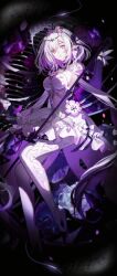 1girl absurdres breasts castorice_(honkai:_star_rail) clothing_cutout dress flower flower_ornament hair_flower hair_ornament highres holding holding_scythe honkai:_star_rail honkai_(series) hoxino medium_breasts pantyhose parted_lips pointy_ears purple_eyes purple_hair scythe sideboob solo stomach_cutout tiara white_dress white_pantyhose