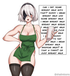 Rule 34 | 1girl, alternate costume, apron, black blindfold, black thighhighs, blindfold, breasts, cleavage, covered eyes, cup, english text, female focus, green apron, hairband, highres, holding, holding cup, iced latte with breast milk (meme), large breasts, meme, naked apron, nier (series), nier:automata, shadertoons, short hair, skindentation, solo, thighhighs, white hair, 2b (nier:automata)