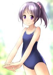 Rule 34 | 1girl, competition school swimsuit, hair ornament, hair scrunchie, long hair, one-piece swimsuit, original, own hands together, ponytail, purple eyes, purple hair, school swimsuit, scrunchie, shibacha (shibacha 0728), smile, solo, swimsuit