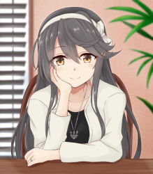 Rule 34 | 10s, 1girl, anchor, arm support, black hair, blurry, casual, depth of field, gensoukitan, hair ornament, hairband, hairclip, haruna (kancolle), indoors, jewelry, kantai collection, long hair, necklace, ring, solo, table, wedding band
