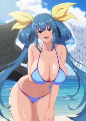 Rule 34 | 1girl, angel wings, arm under breasts, asymmetrical wings, bare shoulders, beach, bikini, blue bikini, blue sky, blush, breasts, cleavage, cloud, cloudy sky, dizzy (guilty gear), fuuma (bangolga1), groin, guilty gear, guilty gear xrd, guilty gear xx, hair rings, hanging breasts, large breasts, leaning forward, long hair, looking at viewer, mature female, monster girl, navel, ocean, open mouth, shaded face, sidelocks, skindentation, sky, solo, stomach, swimsuit, tail, thick thighs, thighs, twintails, water, wings