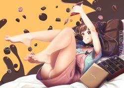 Rule 34 | 1girl, barefoot, blush, cellphone charm, character name, charm (object), chocolate, eating, feet, food, foot focus, has bad revision, has downscaled revision, highres, md5 mismatch, orange background, overalls, panties, pantyshot, popsicle, reaching, reaching towards viewer, resolution mismatch, short hair, simple background, solo, source smaller, toes, underwear