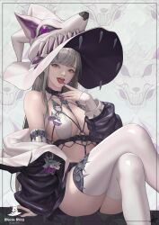 Rule 34 | 1girl, absurdres, bare shoulders, bikini, black choker, black jacket, breasts, choker, crossed legs, daeho cha, detached sleeves, grey eyes, grey hair, hat, highres, jacket, large breasts, licking, licking finger, long hair, long sleeves, looking at viewer, midriff, nail polish, off shoulder, open clothes, open jacket, open mouth, original, sitting, skindentation, swimsuit, thighhighs, tongue, tongue out, white bikini, white thighhighs, witch, witch hat