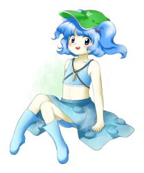 Rule 34 | 1girl, blue eyes, blue footwear, blue hair, blue skirt, boots, flat chest, full body, green hat, hat, kawashiro nitori, key, nonamejd, official style, short hair, sitting, skirt, solo, touhou, two side up, zun (style)