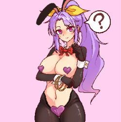 Rule 34 | ?, animal ears, black pantyhose, breasts, cleavage, commentary request, cowboy shot, eaglov, hair ribbon, heart pasties, large breasts, leotard, long hair, meme attire, pantyhose, pasties, pink background, pixel art, playboy bunny, ponytail, purple hair, rabbit ears, reverse bunnysuit, reverse outfit, ribbon, sidelocks, simple background, spoken question mark, touhou, variant set, watatsuki no yorihime, wrist cuffs, yellow ribbon