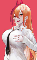 Rule 34 | 1girl, alternate breast size, black necktie, breast hold, breasts, chainsaw man, collared shirt, ear piercing, hair between eyes, horns, large breasts, licking lips, long sleeves, looking at viewer, necktie, omone hokoma agm, open mouth, orange hair, piercing, power (chainsaw man), red background, red eyes, sharp teeth, shirt, simple background, solo, symbol-shaped pupils, teeth, tongue, tongue out, upper body, white shirt