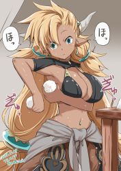 Rule 34 | 10s, 1girl, almeida (granblue fantasy), asymmetrical bangs, baggy pants, blonde hair, blush, breasts, brown pants, cleavage, commentary, dark-skinned female, dark skin, draph, earrings, food, granblue fantasy, hair ornament, holding, holding food, horns, jewelry, kichihachi, large breasts, long hair, looking down, navel, onigiri, pants, parted lips, pointy ears, solo, speech bubble, sweat, table, very long hair, washing