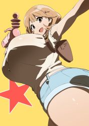 Rule 34 | 10s, 1girl, ass, bad id, bad twitter id, blonde hair, breasts, brown eyes, brown hair, denim, denim shorts, energy gun, huge breasts, looking at viewer, looking down, narusawa ryouka, nuezou, occultic;nine, outstretched arms, ray gun, short hair, short shorts, shorts, simple background, smile, solo, star (symbol), thick thighs, thighs, weapon