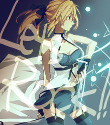 Rule 34 | 1girl, arc system works, blonde hair, breasts, english text, genderswap, genderswap (mtf), guilty gear, ky kiske, kyko, large breasts, m.u.g.e.n, maka (morphine), miniskirt, open clothes, open shirt, ponytail, shirt, skirt, solo, thighhighs, zettai ryouiki