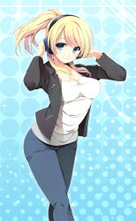 Rule 34 | 10s, 1girl, ayase eli, blonde hair, blue eyes, blush, breasts, cleavage, denim, covered erect nipples, headphones, jeans, large breasts, long hair, looking at viewer, love live!, love live! school idol festival, love live! school idol project, pants, ponytail, scrunchie, smile, solo, standing, yuuki makoto (radiant)