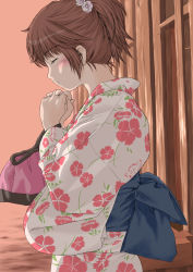 Rule 34 | 1girl, amagami, bag, blush, brown hair, closed eyes, from side, keisuke (0320030103200301), obi, own hands clasped, own hands together, pouch, profile, sakurai rihoko, sash, short ponytail, solo