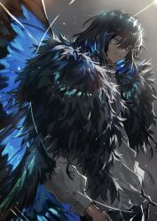 Rule 34 | 1boy, bishounen, black cloak, black hair, blue eyes, blue hair, blue halo, butterfly wings, cloak, colored inner hair, commentary, fate/grand order, fate (series), from side, fur-trimmed cloak, fur trim, grey background, halo, highres, insect wings, light particles, light rays, looking at viewer, male focus, miroku (butuzo33), multicolored hair, oberon (fate), oberon (third ascension) (fate), shirt, solo, standing, symbol-only commentary, upper body, white shirt, wings