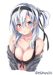 Rule 34 | 1girl, artist name, bikini, bikini top only, black bikini, blush, breasts, cleavage, ebifurya, grey eyes, hair between eyes, hair ribbon, hairband, highres, kantai collection, long hair, looking at viewer, medium breasts, off shoulder, one side up, open clothes, parted lips, ribbon, silver hair, simple background, solo, suzutsuki (kancolle), swimsuit, twitter username, upper body, white background