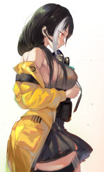 Rule 34 | 1girl, absurdres, bad id, bad pixiv id, bike shorts, black hair, breasts, from side, gas mask, girls&#039; frontline, headset, highres, id card, jacket, lanyard, large breasts, mask, mask around neck, mod3 (girls&#039; frontline), multicolored hair, red eyes, ro635 (girls&#039; frontline), ro635 (mod3) (girls&#039; frontline), sideboob, skirt, sleeveless, sleeveless sweater, solo, streaked hair, sweater, thigh strap, thighs, torriet, white background, yellow jacket