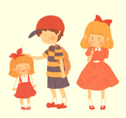 Rule 34 | 1boy, 2girls, backpack, bad id, bad pixiv id, bag, black hair, blonde hair, brother and sister, dress, hat, mario59, mother (game), mother 2, multiple girls, ness (mother 2), nintendo, overalls, paula (mother 2), ribbon, siblings, smile, tracy