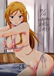 Rule 34 | 1girl, artist name, bed sheet, bikini, birthday, blush, breasts, brown hair, closed mouth, commentary request, curtains, dated, english text, happy birthday, idolmaster, idolmaster million live!, indoors, kneeling, leaning forward, lips, long hair, looking at viewer, medium breasts, momose rio, navel, ponpon, print bikini, red eyes, side-tie bikini bottom, signature, smile, solo, star (symbol), star print, string bikini, swept bangs, swimsuit