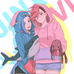 Rule 34 | 2girls, :d, alternate costume, animal ears, arcane jinx, arcane vi, black shorts, blue eyes, blue shorts, braid, character name, fake animal ears, fake tail, hair ornament, hair scrunchie, highres, holding, holding stuffed toy, hood, hoodie, jinx (league of legends), league of legends, looking at viewer, multiple girls, neck tattoo, noriuma, open mouth, pink hair, pink hoodie, rabbit ears, red scrunchie, scrunchie, sharp teeth, shorts, siblings, sisters, smile, stuffed animal, stuffed rabbit, stuffed shark, stuffed toy, tail, tattoo, teeth, twin braids, upper teeth only, vi (league of legends)