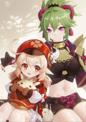 Rule 34 | 2girls, :d, absurdres, ahoge, beret, black gloves, black shirt, black shorts, blonde hair, breasts, brown gloves, commentary request, crop top, feet out of frame, fingerless gloves, genshin impact, gloves, green hair, hair between eyes, hat, highres, holding, jacket, klee (genshin impact), kuki shinobu, large breasts, linreplica, long hair, looking at viewer, midriff, multiple girls, nail polish, navel, no mask, open clothes, open jacket, open mouth, parted lips, pointy ears, ponytail, purple eyes, purple jacket, purple nails, red eyes, red headwear, red jacket, shirt, short shorts, shorts, sitting, smile, stomach, thighs