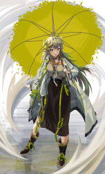 Rule 34 | 1girl, absurdres, arknights, baka (yinghuo11), black choker, black footwear, black skirt, boots, breasts, buttons, character request, choker, coat, full body, green hair, green sweater, grey background, hair between eyes, hair ornament, hand up, highres, holding, holding umbrella, long hair, long skirt, long sleeves, looking at viewer, medium breasts, open clothes, open coat, open mouth, pocket, pointy ears, sidelocks, simple background, skirt, smile, solo, standing, sweater, umbrella, white background, white coat, wide sleeves, yellow eyes