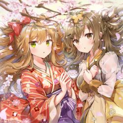 Rule 34 | 2girls, :o, blush, bow, braid, branch, breasts, brown eyes, brown hair, cherry blossoms, floral print, flower, girls&#039; frontline, green eyes, hair bow, hair ornament, japanese clothes, k2 (far east princess) (girls&#039; frontline), k2 (girls&#039; frontline), kimono, long hair, long sleeves, looking at viewer, medium breasts, melings (aot2846), multiple girls, obi, official alternate costume, own hands together, parted lips, petals, print kimono, red bow, red kimono, rfb (girls&#039; frontline), rfb (new year&#039;s mvp) (girls&#039; frontline), sash, sidelocks, striped clothes, striped kimono, wide sleeves