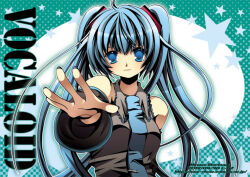 Rule 34 | 1girl, artist name, blue background, blue eyes, blue hair, blue nails, blue necktie, breasts, closed mouth, commentary request, copyright name, dated, detached sleeves, expressionless, grey shirt, grey sleeves, halftone, halftone background, hatsune miku, long hair, looking at viewer, medium bangs, medium breasts, morinaga hinase, necktie, reaching, reaching towards viewer, shirt, sleeveless, sleeveless shirt, solo, star (symbol), very long hair, vocaloid, watermark, web address