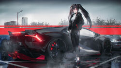 Rule 34 | 1girl, absurdres, black hair, black jacket, car, city, cloud, cloudy sky, full body, highres, jacket, long hair, looking at viewer, lucia: plume (punishing: gray raven), lucia (punishing: gray raven), motor vehicle, multicolored hair, outdoors, punishing: gray raven, red eyes, red hair, scenery, seymour (sai lu er), shirt, sky, solo, standing, twintails, urban, white shirt