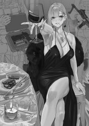 Rule 34 | 1girl, 2boys, absurdres, bangle, bare shoulders, black dress, bracelet, bulletproof vest, crossed legs, cup, dress, drinking glass, earrings, evening gown, food, fork, fur jacket, greyscale, gun, hair ornament, hairclip, handgun, highres, holding, holding case, holding cup, holding gun, holding weapon, jacket, jewelry, knife, long hair, m1911, magazine (weapon), mole, mole under mouth, monochrome, multiple boys, nail polish, necklace, original, plate, sig sauer p320, smile, steak, table, utsuda, watch, weapon, weapon case, wine glass, wristwatch