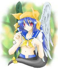 Rule 34 | 1girl, arc system works, asymmetrical wings, blue hair, dizzy (guilty gear), guilty gear, lowres, pirate, red eyes, ribbon, solo, tail, tail ornament, tail ribbon, wings