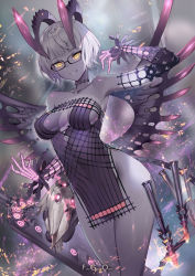 Rule 34 | 1girl, bare shoulders, black dress, breasts, choker, cleavage, collarbone, colored skin, detached sleeves, dress, fate/grand order, fate (series), glasses, grey hair, grey skin, horns, jacques de molay (foreigner) (fate), jacques de molay (foreigner) (third ascension) (fate), large breasts, looking at viewer, short dress, short hair, thighs, yellow eyes, yoshimoto (dear life)
