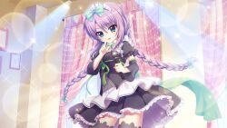 Rule 34 | 1girl, alternate costume, aqua bow, black dress, black skirt, black thighhighs, blue eyes, bow, braid, dot nose, dress, enmaided, film grain, finger to mouth, frilled skirt, frills, game cg, glint, green ribbon, hair bow, holding, holding microphone, indoors, izumi tsubasu, layered skirt, lens flare, long braid, low twintails, maid, maid headdress, microphone, multiple hair bows, non-web source, official art, open mouth, picture frame, pink curtains, purple hair, re:stage!, ribbon, skirt, smile, solo, sparkle, stage lights, thighhighs, tsukisaka sayu, twintails, white skirt, window, zettai ryouiki