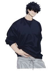 Rule 34 | 1boy, absurdres, bara, black hair, black shirt, casual, clothes lift, cropped legs, hand under clothes, highres, large pectorals, lifted by self, light smile, looking at viewer, male focus, midriff peek, muscular, muscular male, original, pants, pectorals, shirt, shirt lift, short hair, sideburns, smile, solo, takayakaiti (tk049ccn), white pants