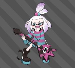 Rule 34 | 1girl, 2018, blue eyes, blush, boots, bra strap, creatures (company), crossover, fangs, game freak, grey background, guitar, hair ornament, hair tie, highres, inkling player character, instrument, nintendo, open mouth, oversized clothes, pointy ears, pokemon, pokemon bw2, ponytail, roxie (pokemon), shirt, smile, solo, splatoon (series), striped clothes, striped shirt, topknot, white hair