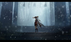 Rule 34 | 1boy, anna (drw01), backlighting, bare legs, blue hair, boots, commentary, genshin impact, hat, highres, japanese clothes, jingasa, letterboxed, looking at viewer, rope, scaramouche (genshin impact), scenery, short hair, snowing, solo, stairs, symbol-only commentary, tagme, tree, twitter username, vision (genshin impact), wide shot