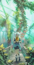 Rule 34 | 1boy, ahoge, artist name, black footwear, blue shirt, blue sleeves, boots, bouquet, bracelet, bridge, character name, closed eyes, closed mouth, collar, collared shirt, commentary, dappled sunlight, day, english commentary, english text, flower, full body, garden, greenhouse, grey shorts, highres, holding, holding bouquet, jewelry, kanlamari, kneehighs, lace, lace-trimmed shirt, lace trim, leaf, light blush, long sleeves, male focus, original, plant, puffy short sleeves, puffy sleeves, railing, shirt, short hair, short sleeves, shorts, sleeves past elbows, smile, socks, solo, straight-on, sunflower, sunlight, watermark, white collar, white hair, white socks, yellow flower