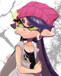 Rule 34 | + +, 1girl, beanie, breasts, callie (splatoon), chromatic aberration, cleavage, closed mouth, collarbone, earrings, hat, hat ornament, highres, inkling, isamu-ki (yuuki), jewelry, long hair, looking away, looking to the side, nintendo, pink hat, pointy ears, purple hair, shirt, signature, smile, solo, splatoon (series), splatoon 2, star (symbol), sunglasses, symbol-shaped pupils, tentacle hair, white shirt, yellow eyes